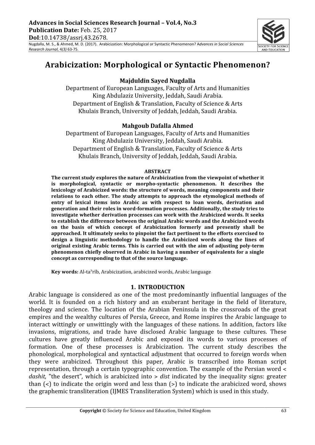 Arabicization: Morphological Or Syntactic Phenomenon? Advances in Social Sciences Research Journal, 4(3) 63-75