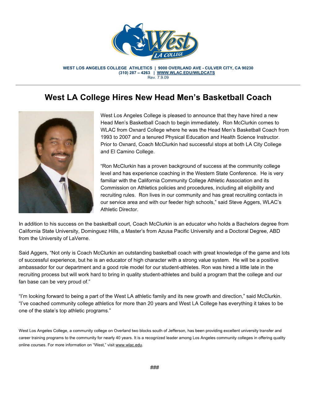 West LA College Hires New Head Men's Basketball Coach