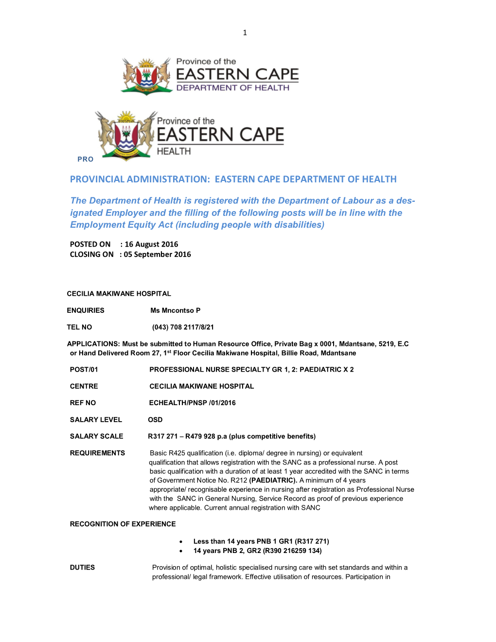 Provincial Administration: Eastern Cape Department of Health