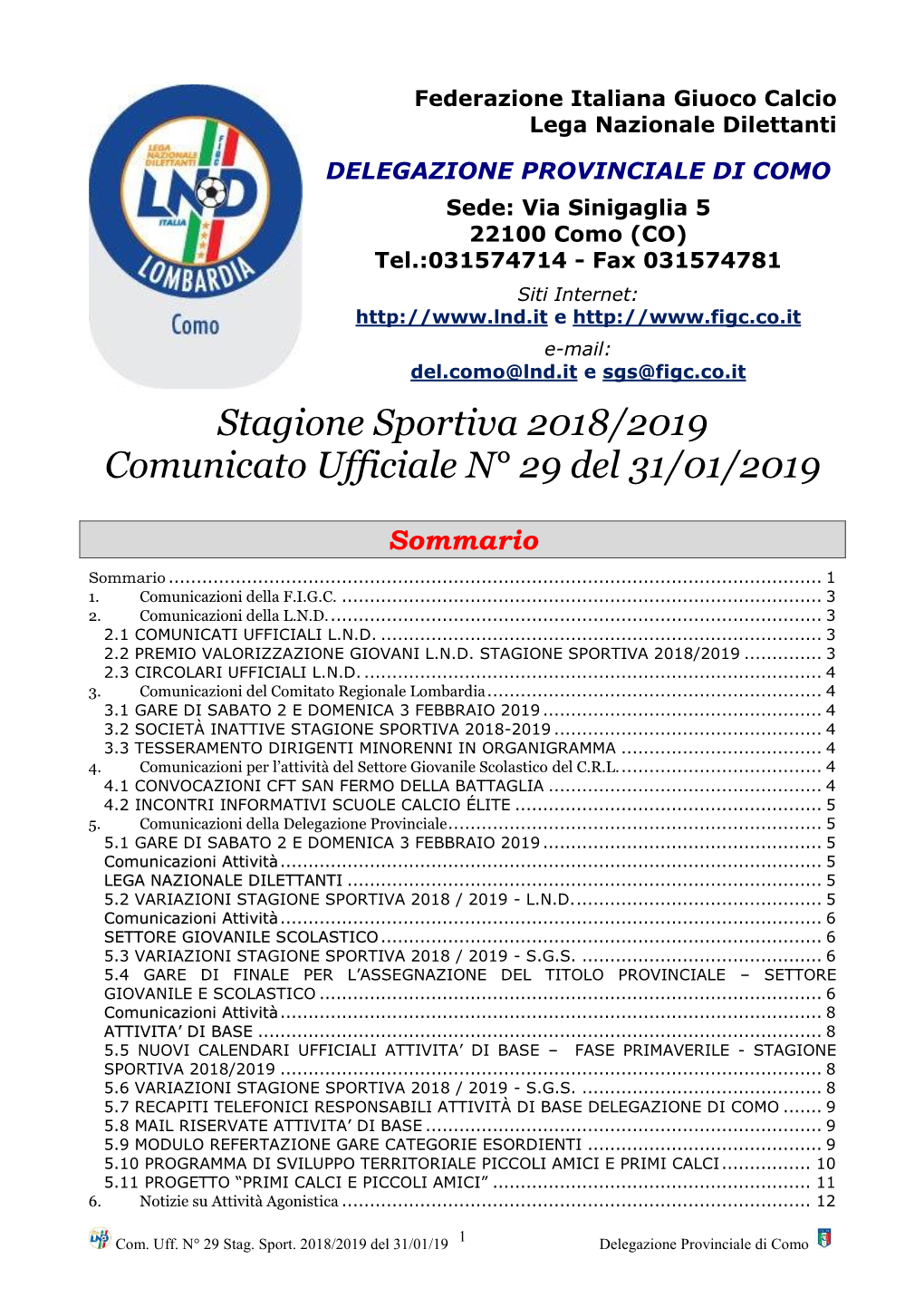 Stagione Sportiva 2018/2019 Comunicato Ufficiale N° 29 Del 31/01/2019