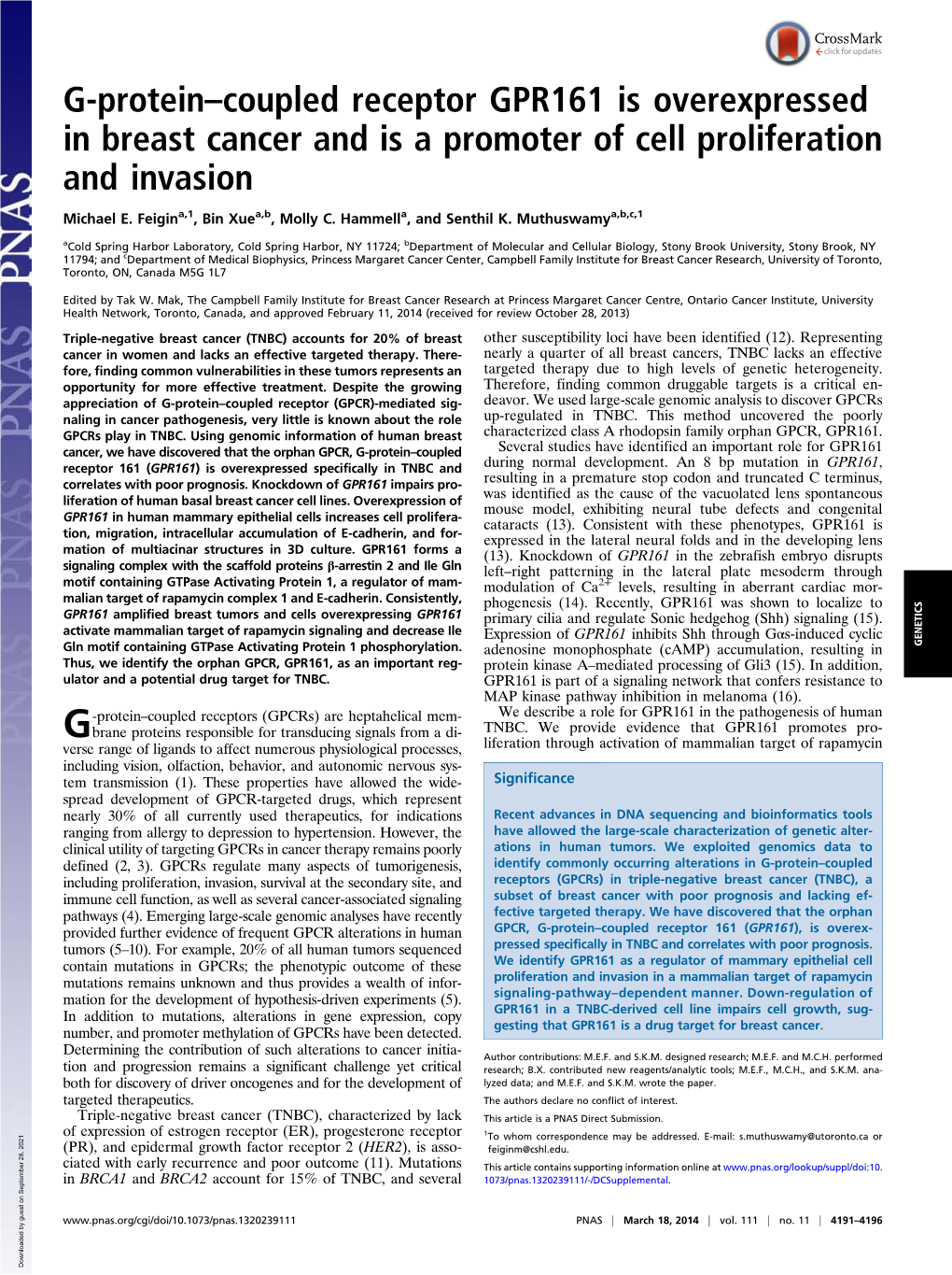 G-Protein–Coupled Receptor GPR161 Is Overexpressed in Breast Cancer and Is a Promoter of Cell Proliferation and Invasion