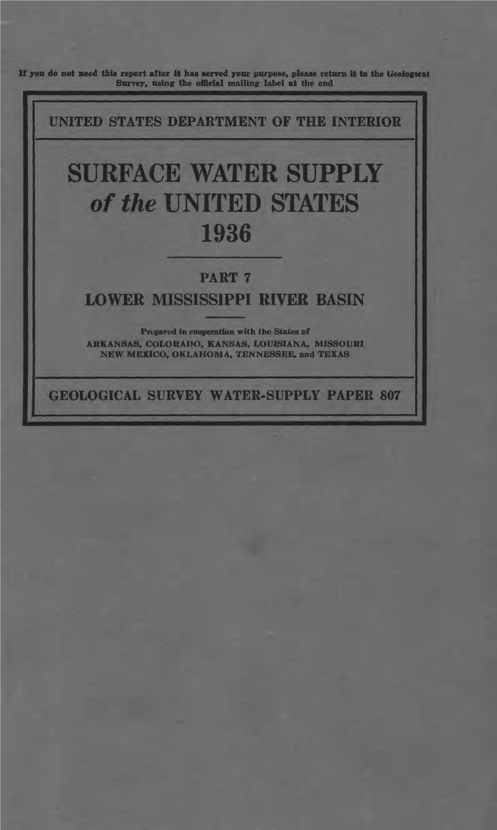 SURFACE WATER SUPPLY of the UNITED STATES 1936