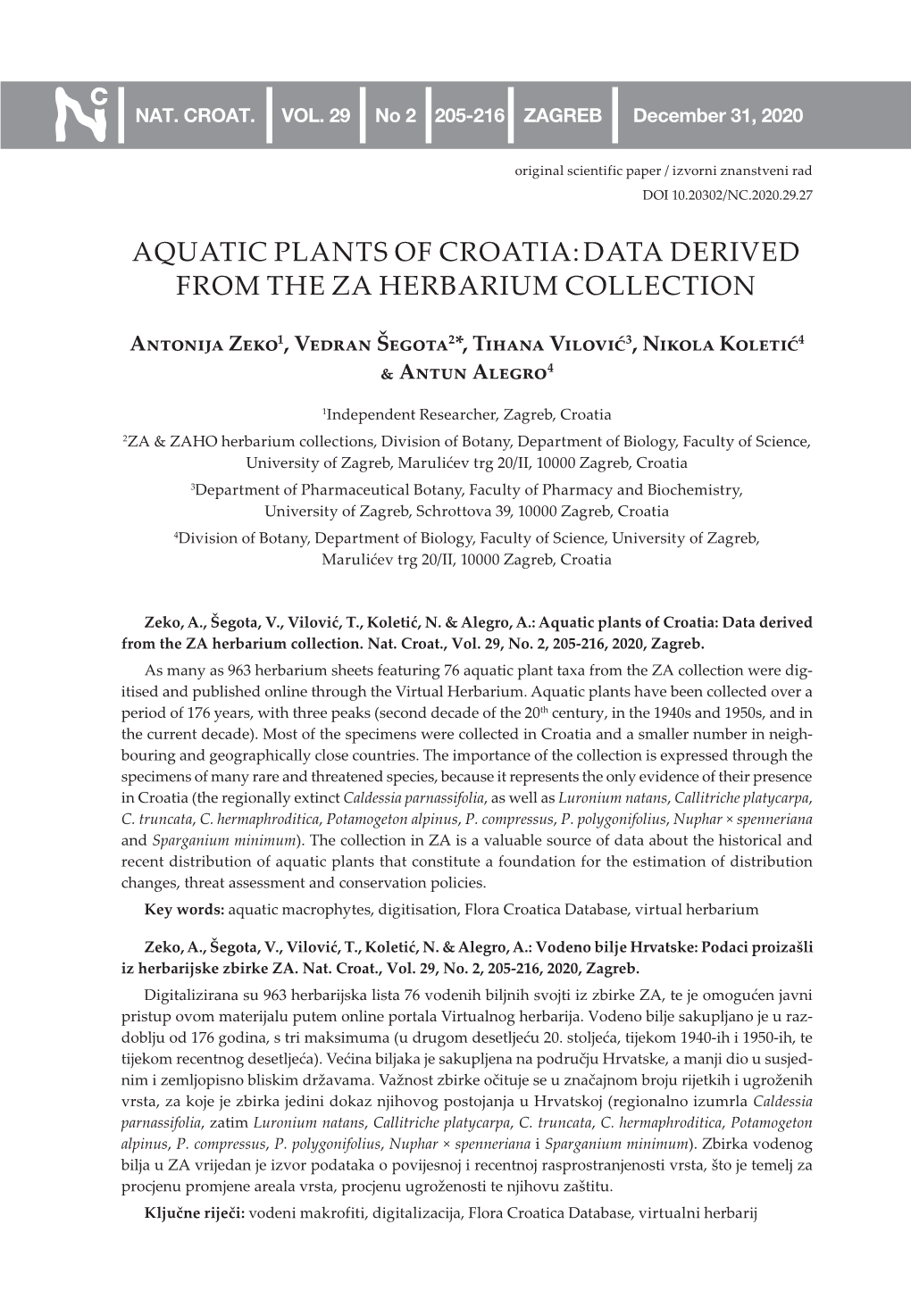 Aquatic Plants of Croatia: Data Derived from the Za Herbarium Collection
