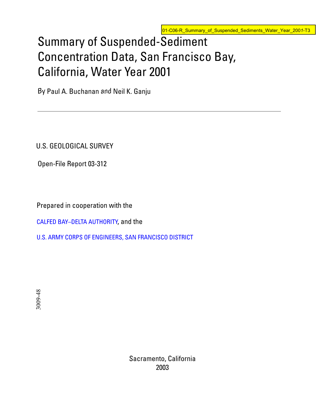 Summary of Suspended-Sediment Concentration Data, San Francisco Bay, California, Water Year 2001