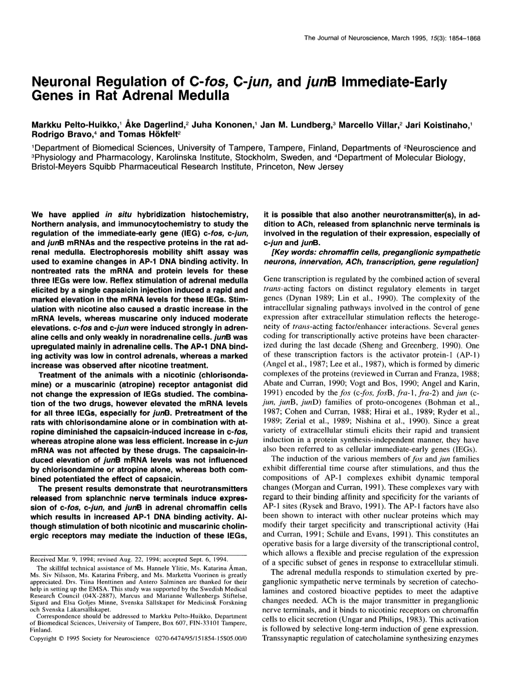 Neuronal Regulation of C-Fos, C-Jun, and Junb Immediate-Early Genes in Rat Adrenal Medulla