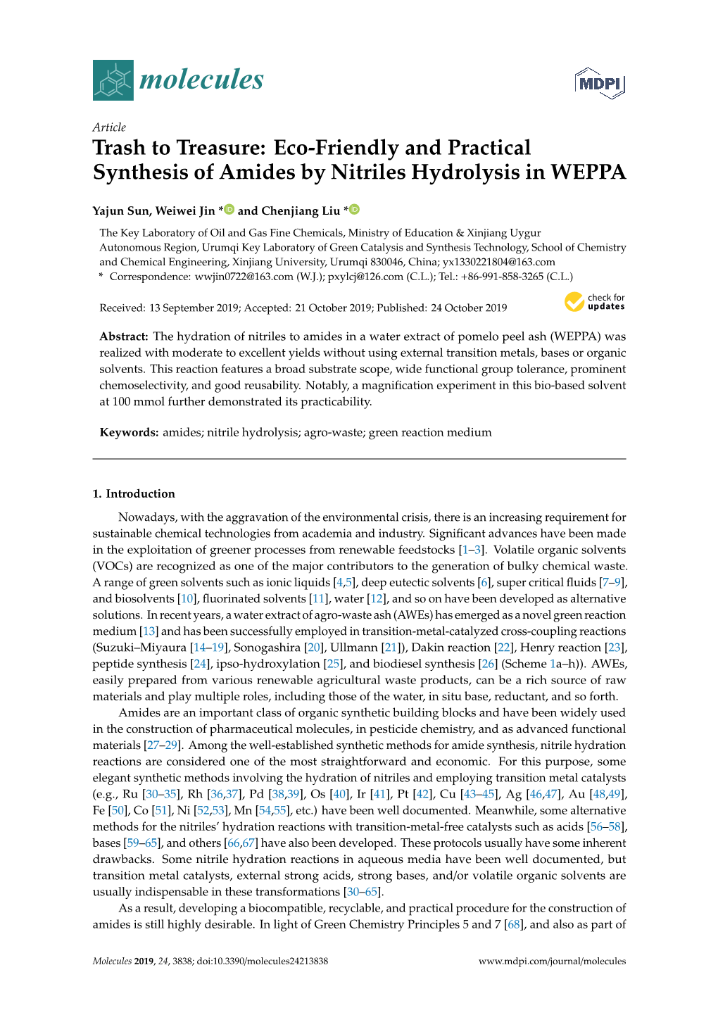 Eco-Friendly and Practical Synthesis of Amides by Nitriles Hydrolysis in WEPPA