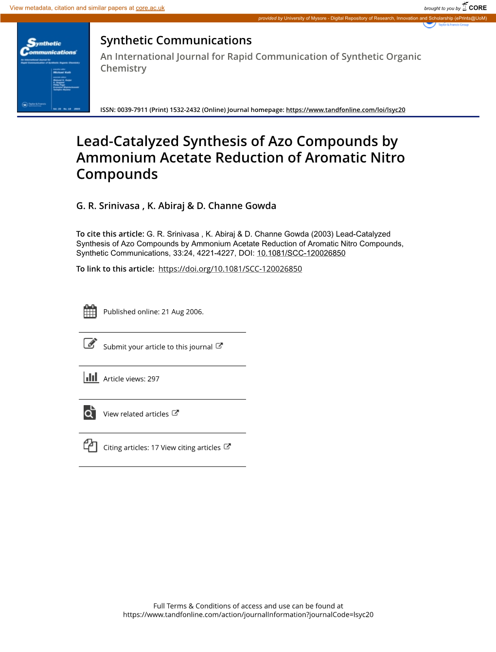 Lead-Catalyzed Synthesis of Azo Compounds by Ammonium Acetate Reduction of Aromatic Nitro Compounds