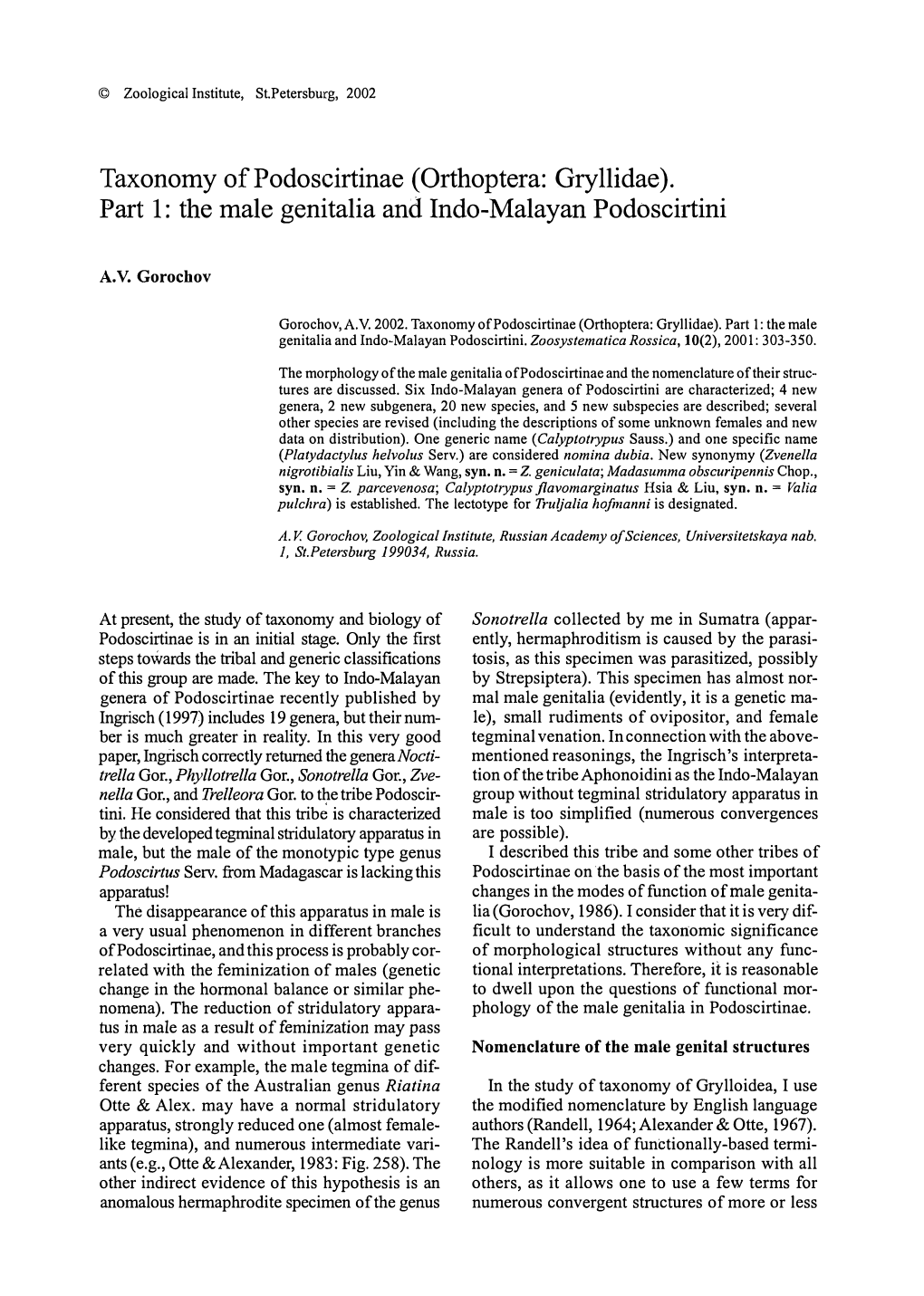 Part 1: the Male Genitalia and Indo-Malayan Podoscirtini