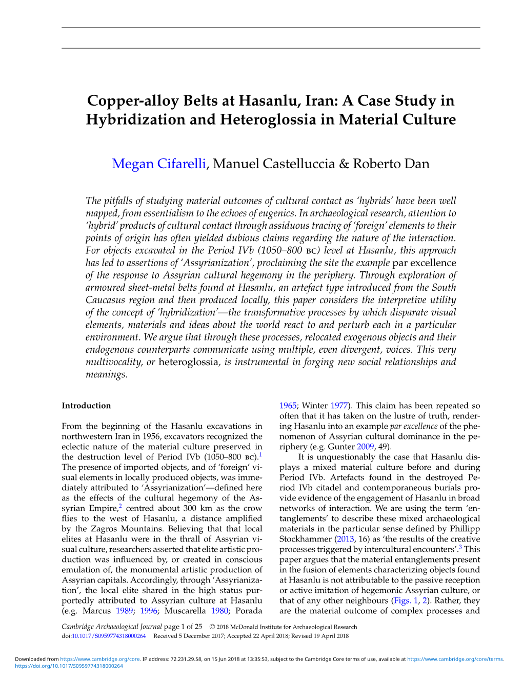 Copper-Alloy Belts at Hasanlu, Iran: a Case Study in Hybridization and Heteroglossia in Material Culture