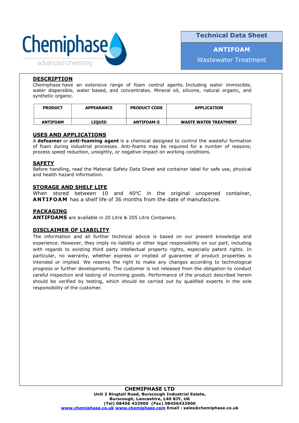 Technical Data Sheet ANTIFOAM Wastewater Treatment