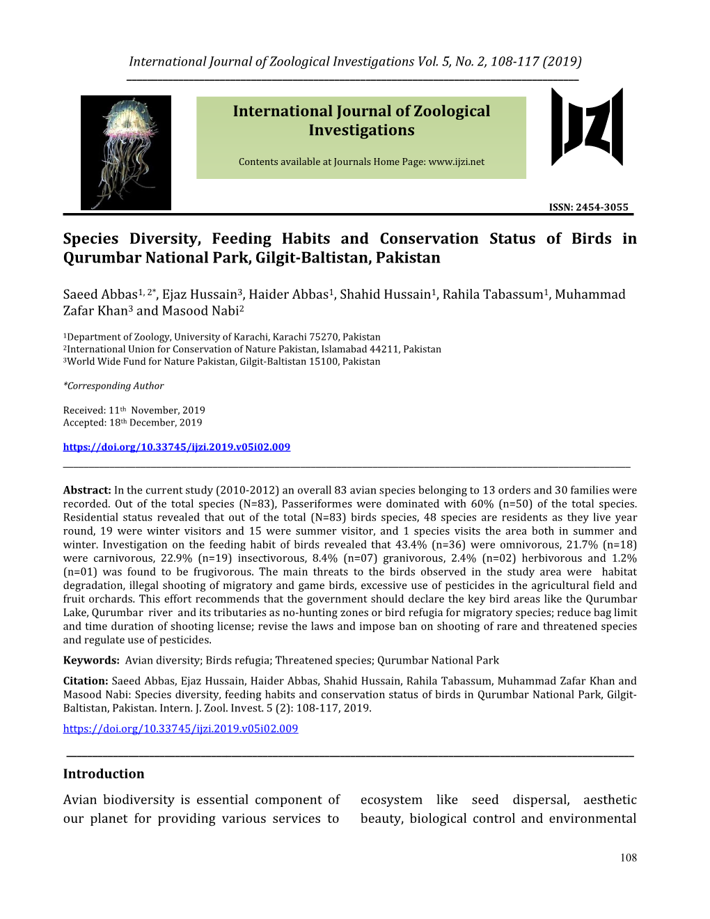 Species Diversity, Feeding Habits and Conservation Status of Birds in Qurumbar National Park, Gilgit-Baltistan, Pakistan