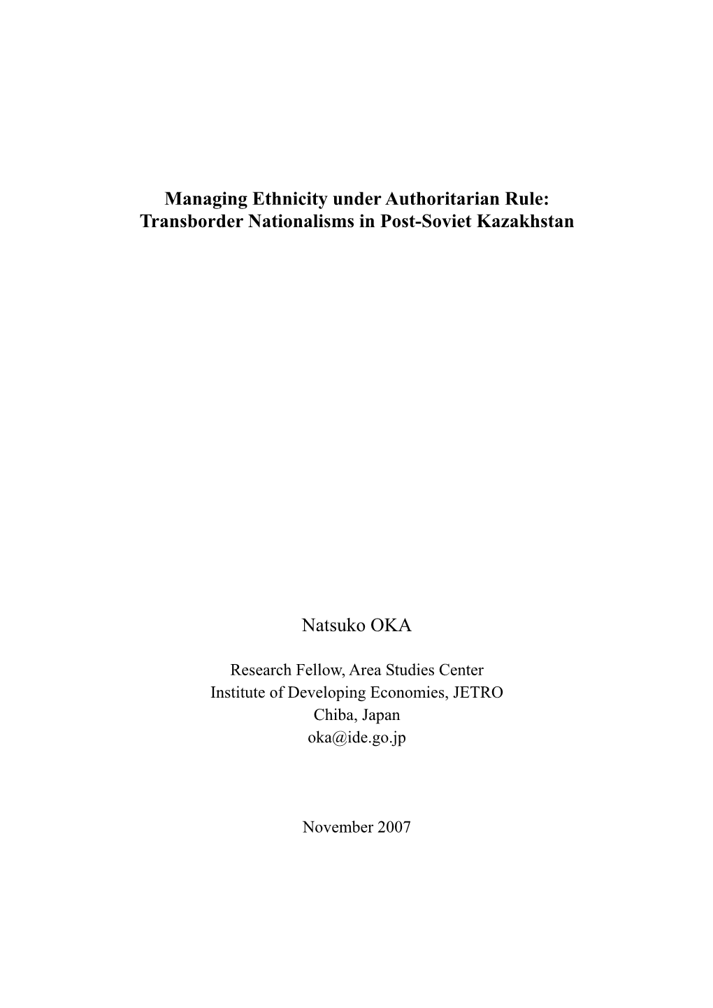 Managing Ethnicity Under Authoritarian Rule: Transborder Nationalisms in Post-Soviet Kazakhstan