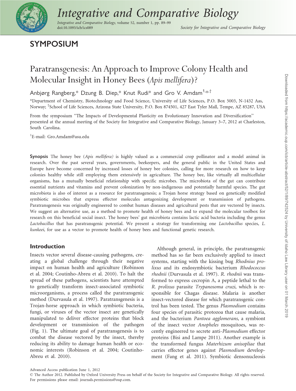 Integrative and Comparative Biology Integrative and Comparative Biology, Volume 52, Number 1, Pp