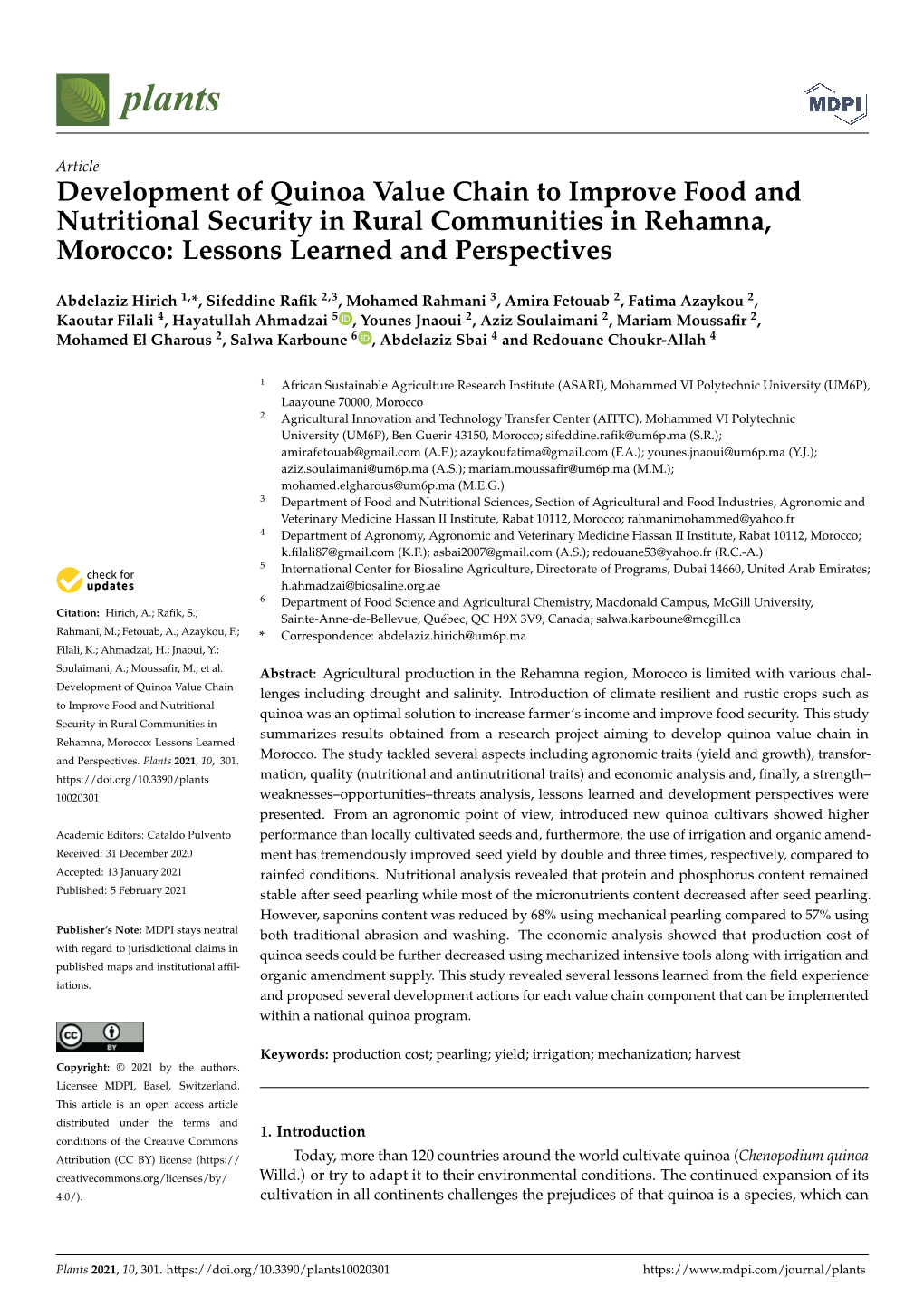 Development of Quinoa Value Chain to Improve Food and Nutritional Security in Rural Communities in Rehamna, Morocco: Lessons Learned and Perspectives