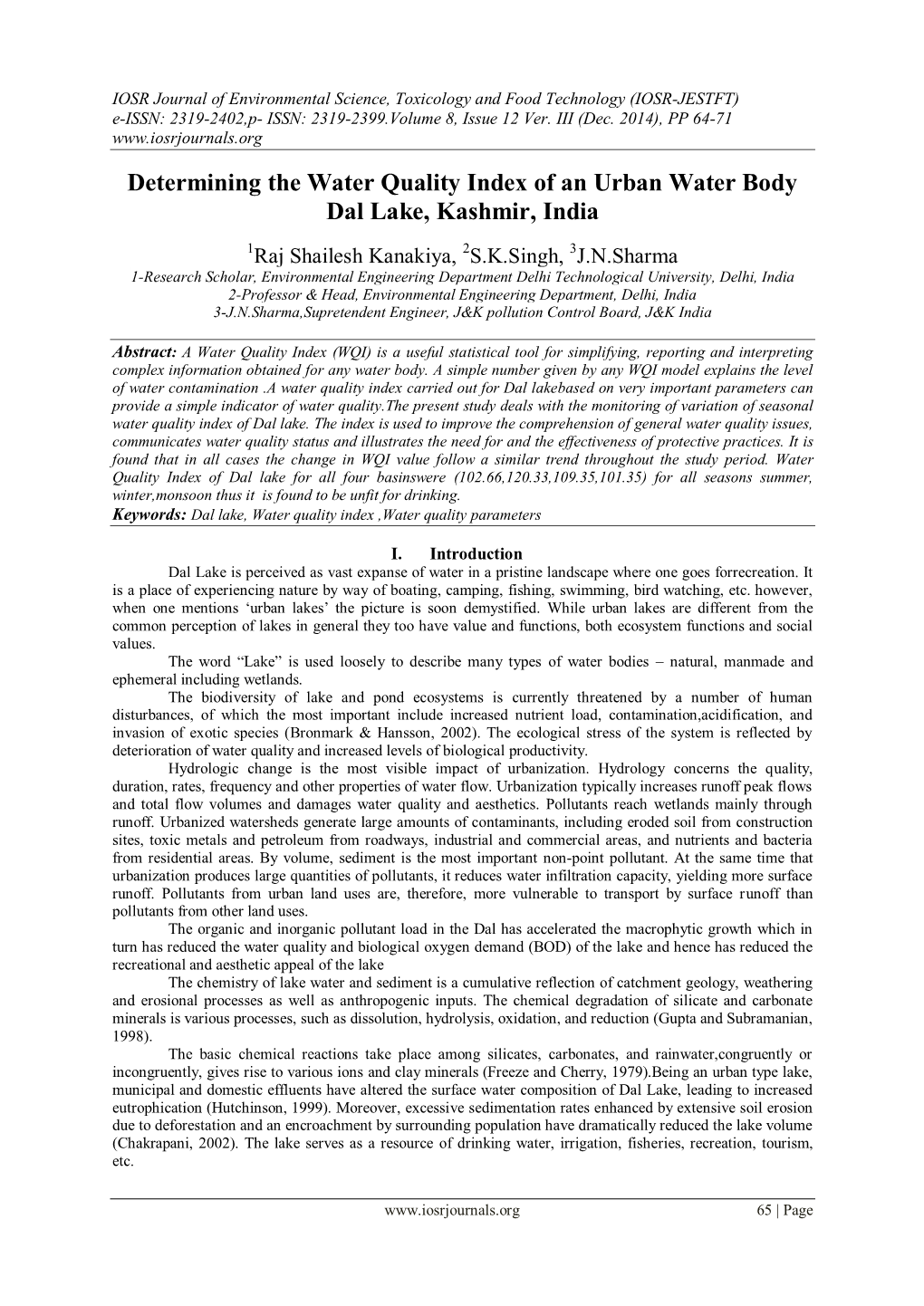 Determining the Water Quality Index of an Urban Water Body Dal Lake, Kashmir, India