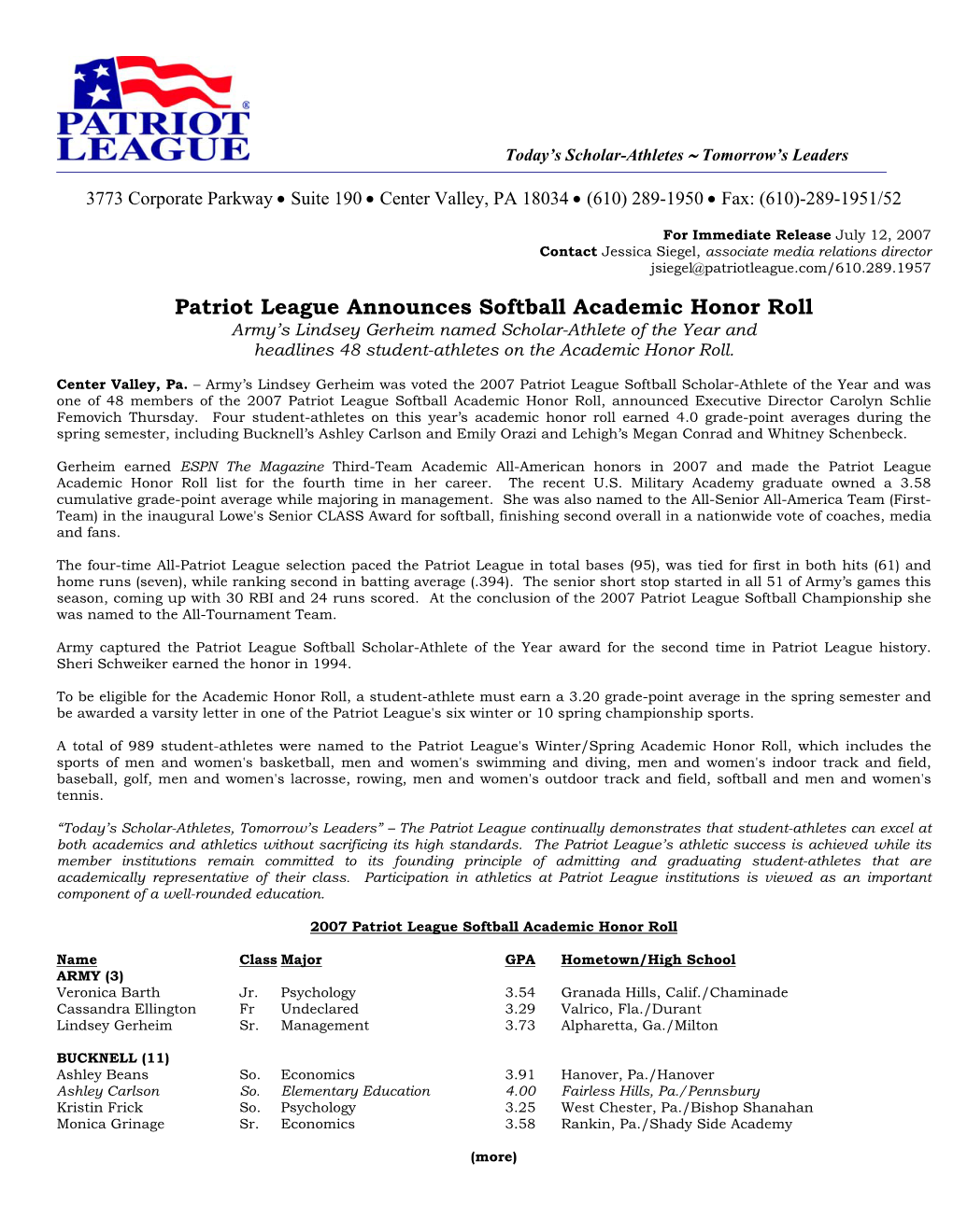 Patriot League Announces Softball Academic