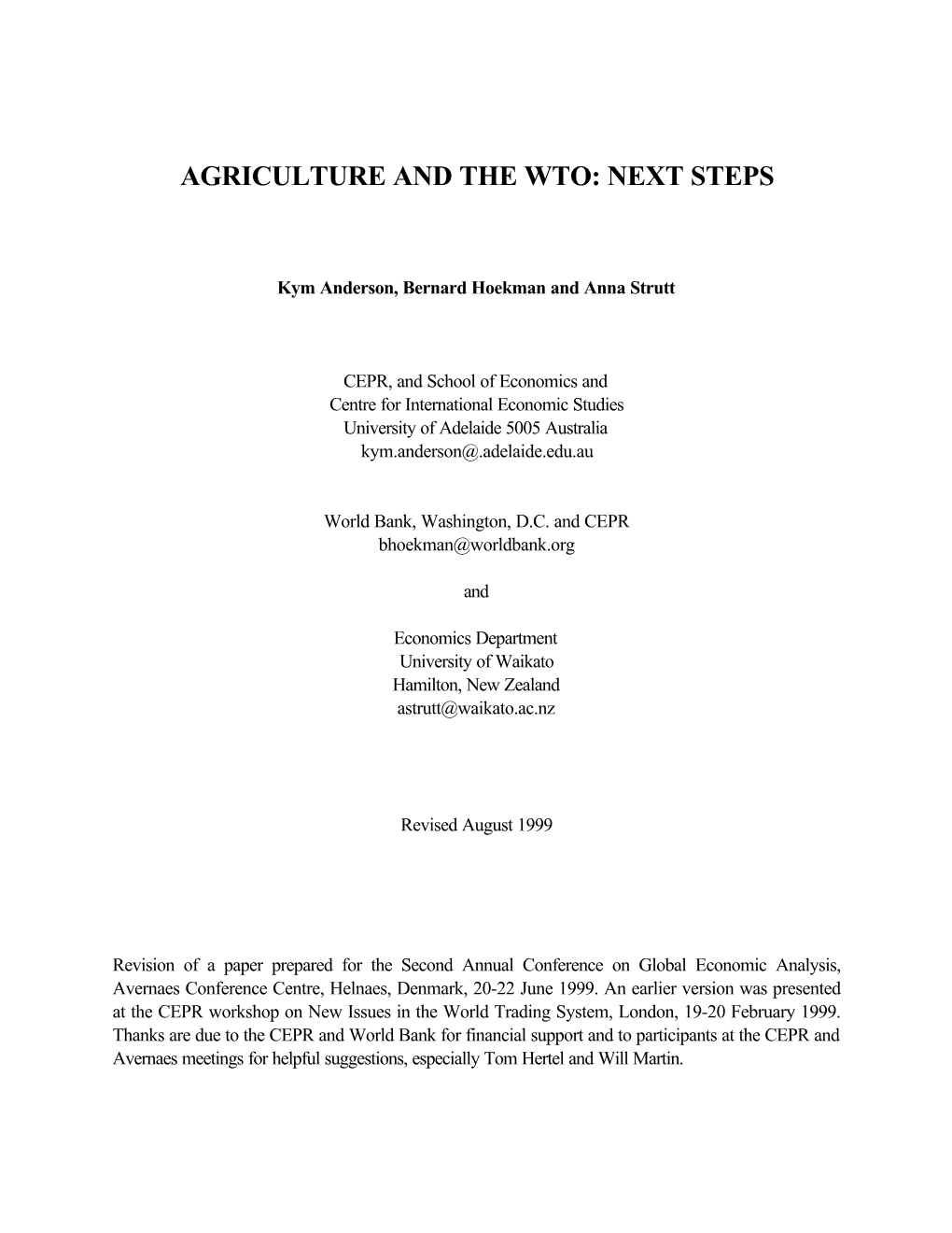 Agriculture and the Wto: Next Steps