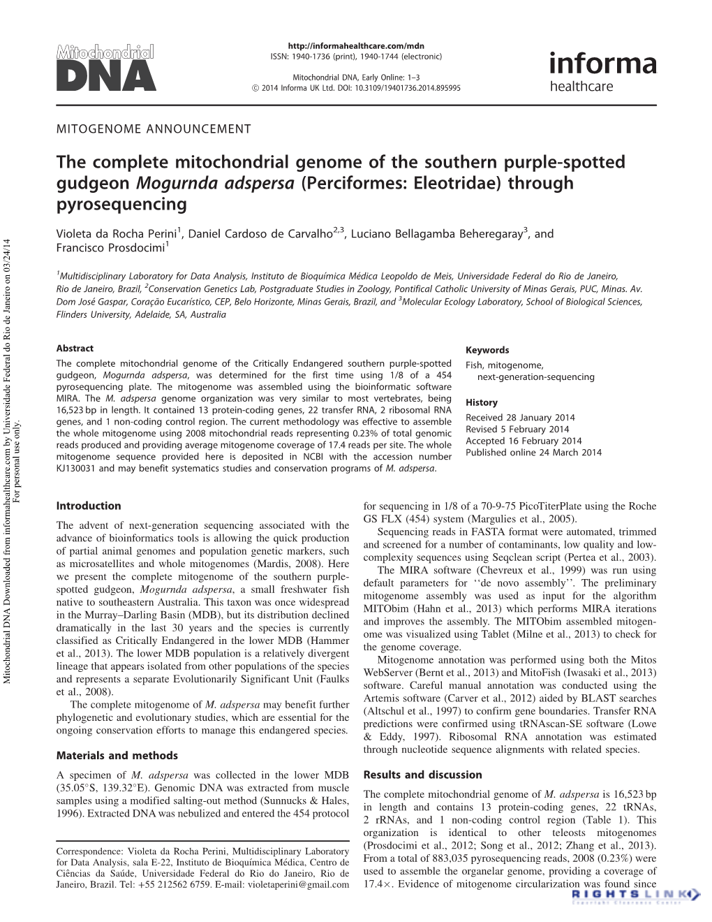 The Complete Mitochondrial Genome of the Southern Purple-Spotted Gudgeon Mogurnda Adspersa (Perciformes: Eleotridae) Through Pyrosequencing