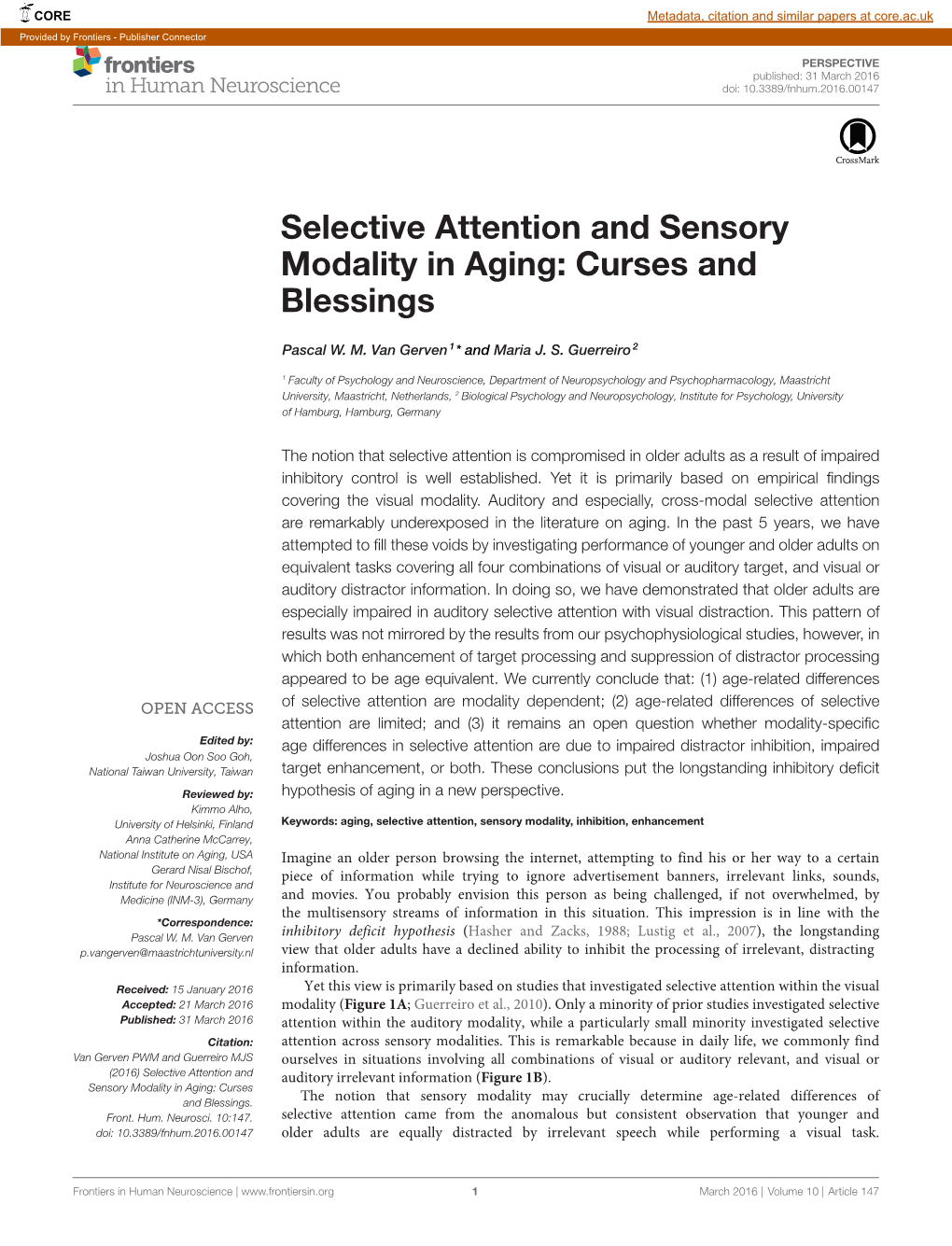 Selective Attention and Sensory Modality in Aging: Curses and Blessings