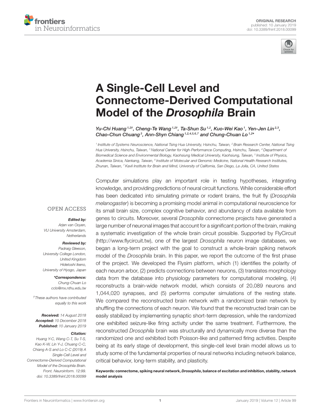 A Single-Cell Level and Connectome-Derived Computational Model of the Drosophila Brain