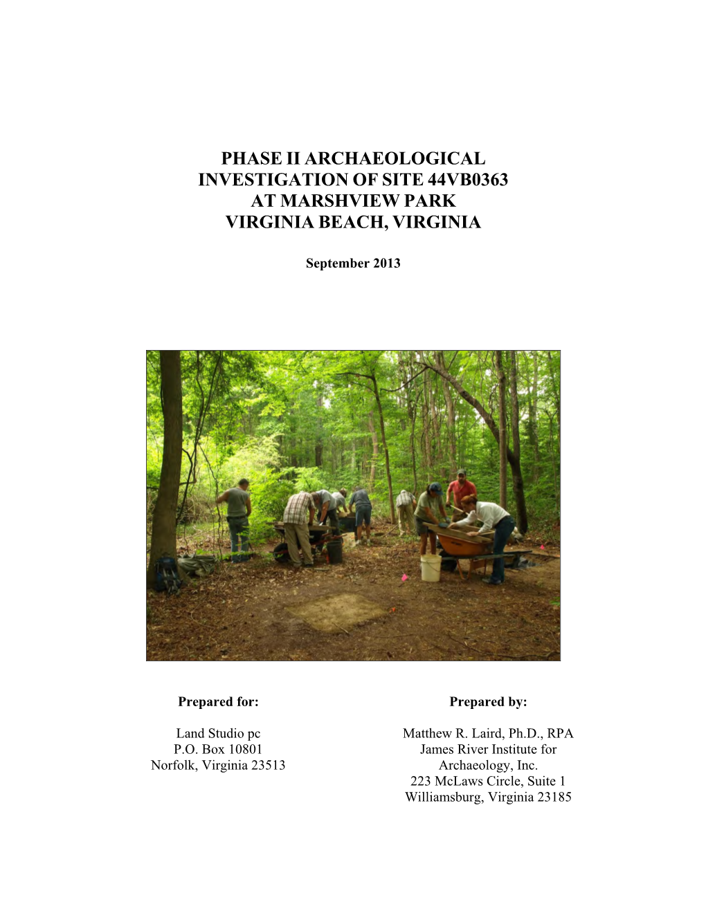 Phase Ii Archaeological Investigation of Site 44Vb0363 at Marshview Park Virginia Beach, Virginia