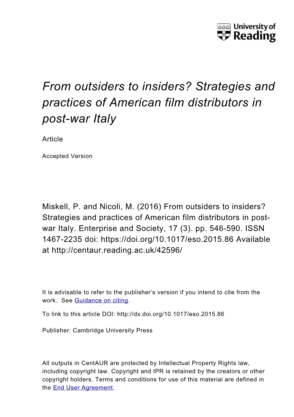 From Outsiders to Insiders? Strategies and Practices of American Film Distributors in Post-War Italy