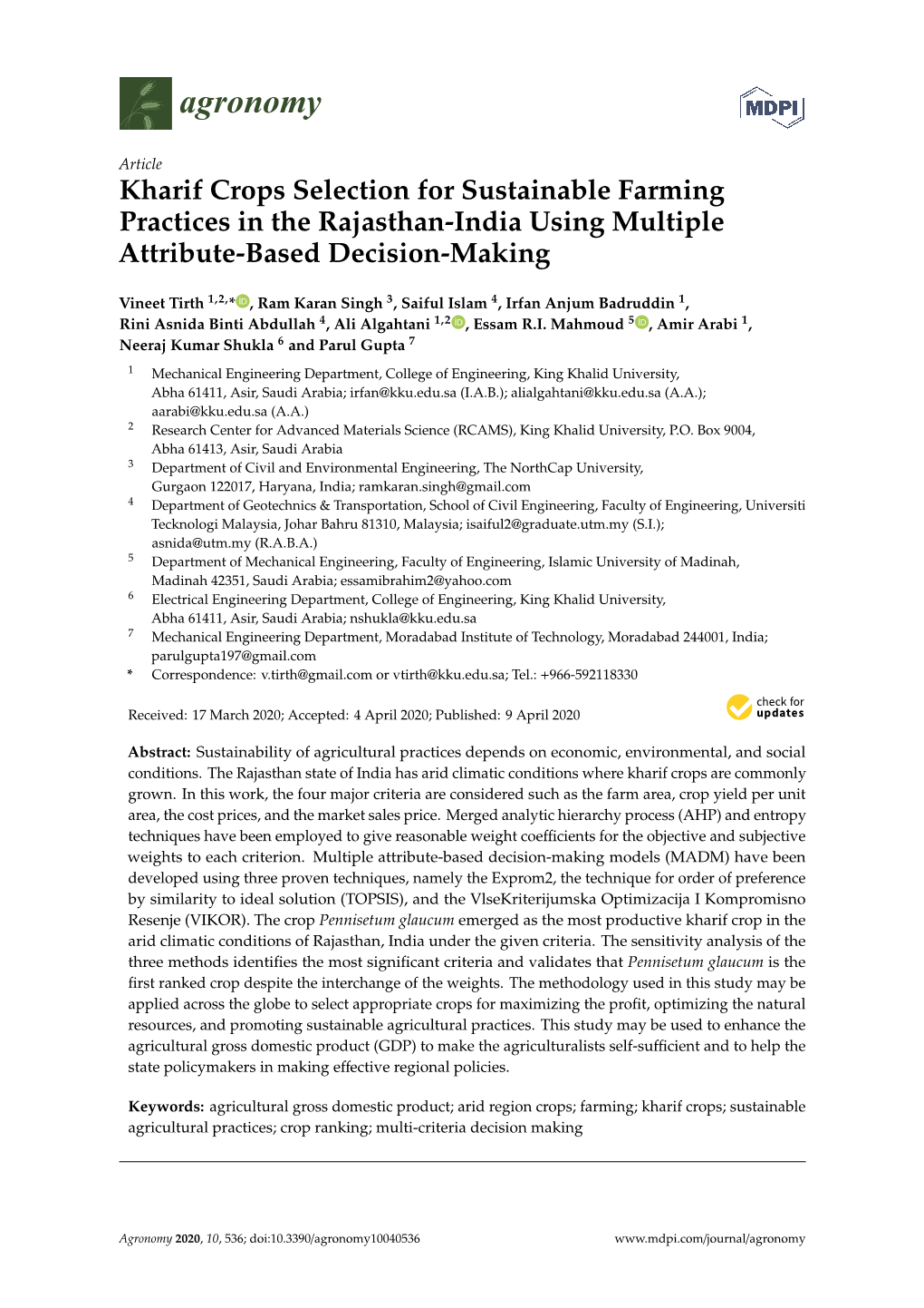 Kharif Crops Selection for Sustainable Farming Practices in the Rajasthan-India Using Multiple Attribute-Based Decision-Making