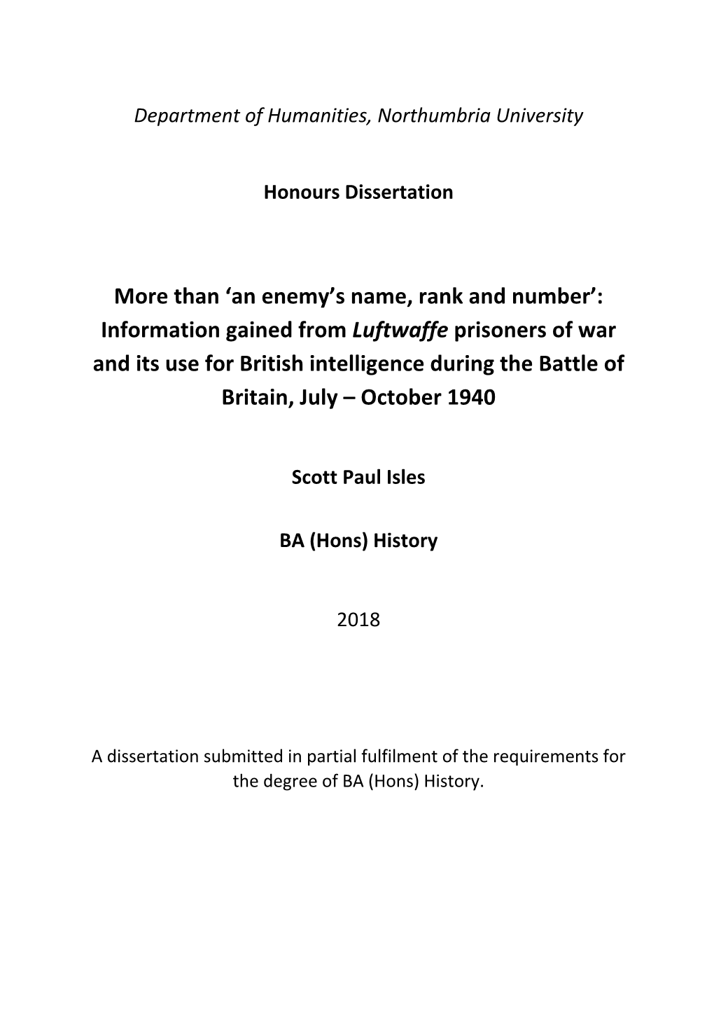 Information Gained from Luftwaffe Prisoners of War and Its Use for British Intelligence During the Battle of Britain, July – October 1940