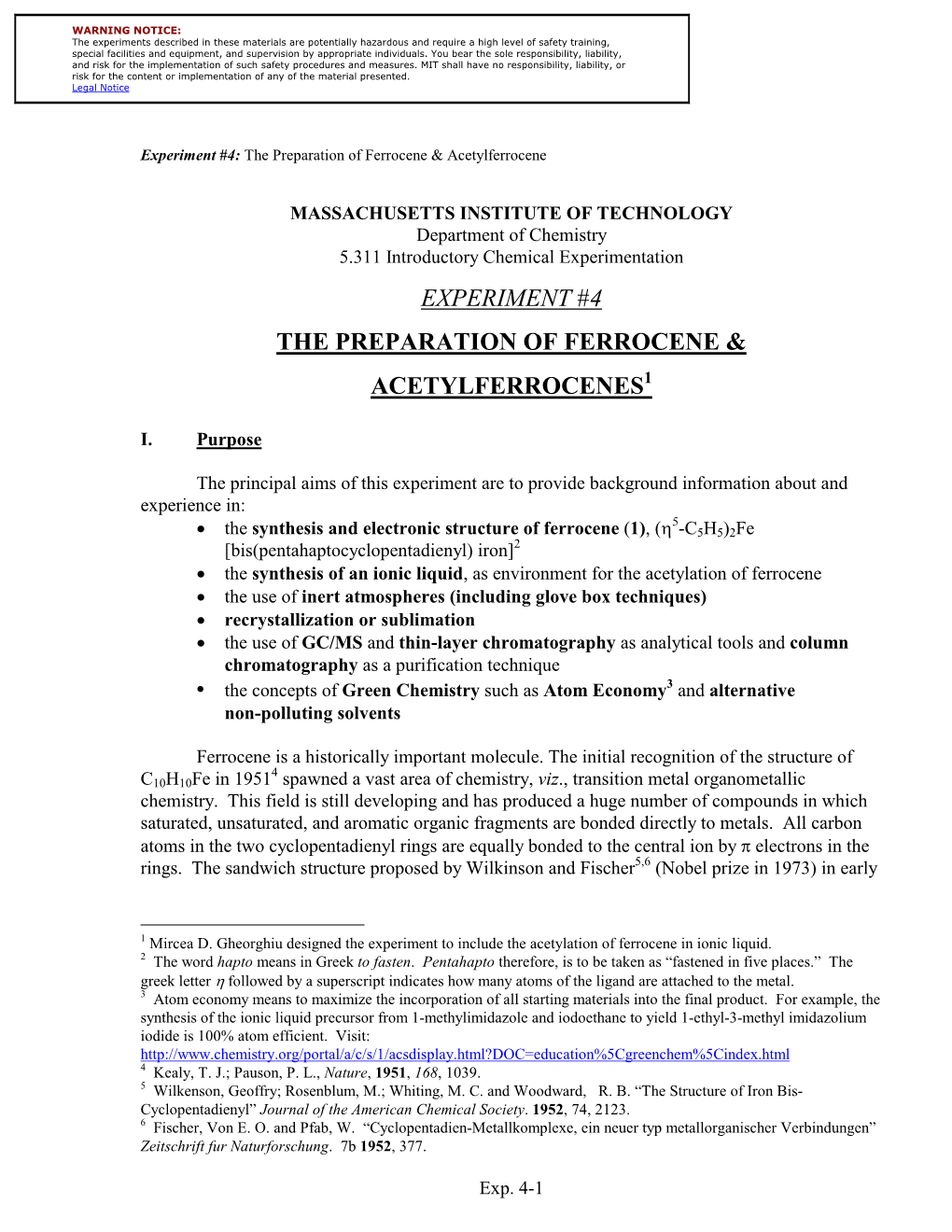 Experiment #4 the Preparation of Ferrocene & Acetylferrocenes1