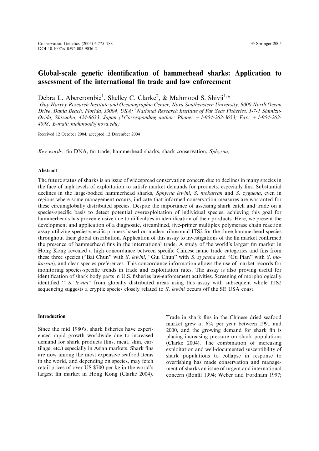 Global-Scale Genetic Identification of Hammerhead Sharks