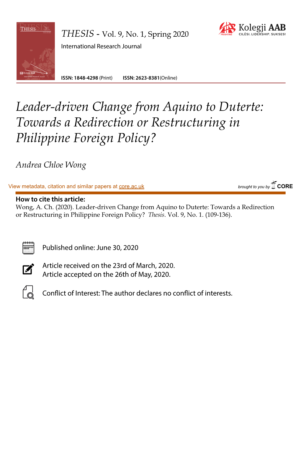 Leader-Driven Change from Aquino to Duterte: Towards a Redirection Or Restructuring in Philippine Foreign Policy?