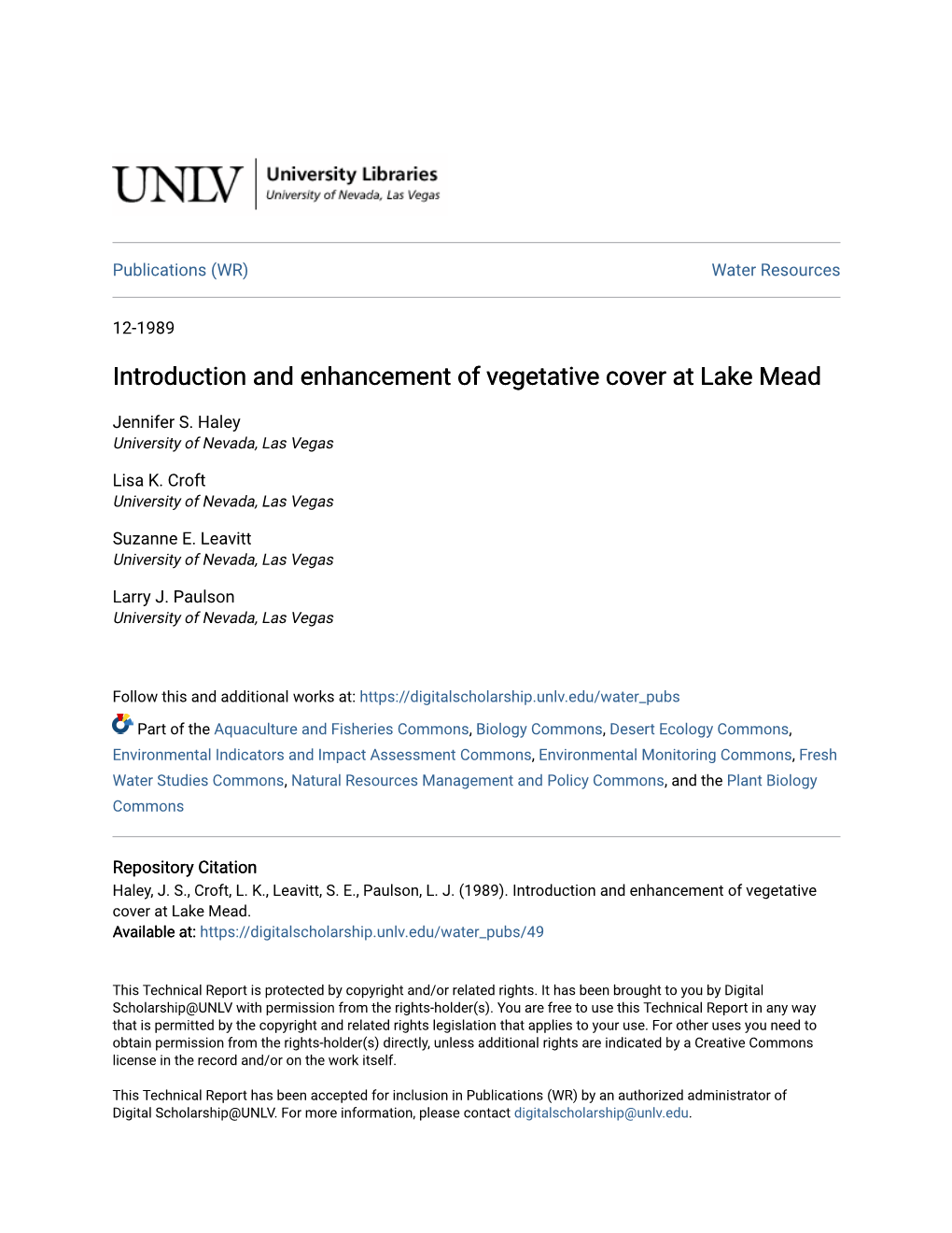 Introduction and Enhancement of Vegetative Cover at Lake Mead