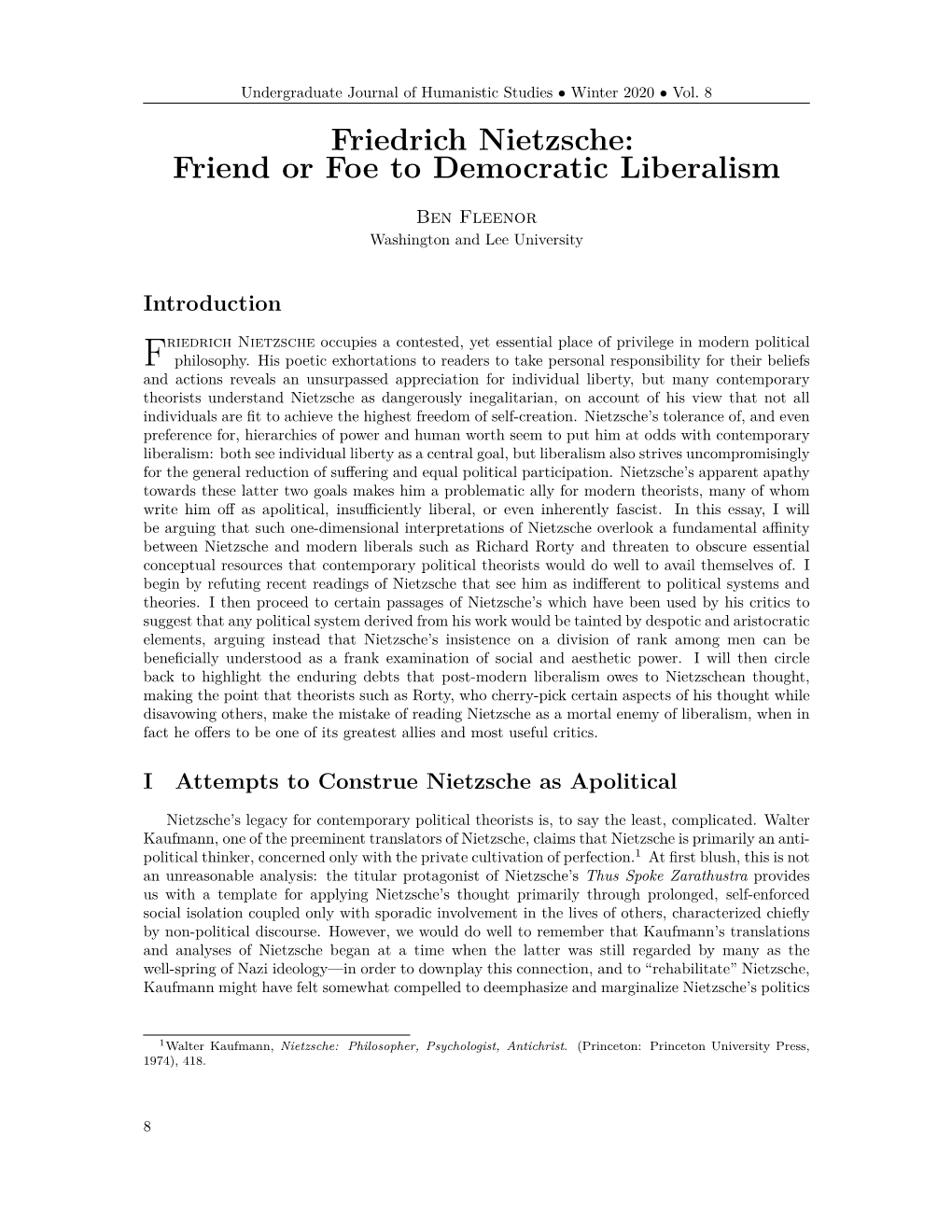 Friedrich Nietzsche: Friend Or Foe to Democratic Liberalism