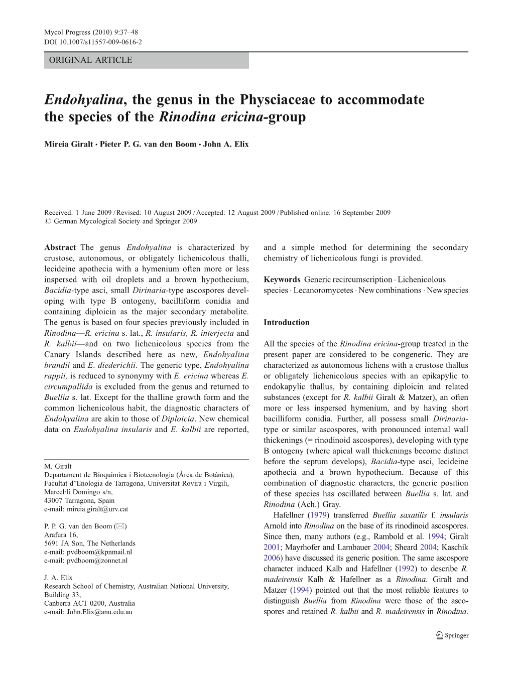 Endohyalina, the Genus in the Physciaceae to Accommodate the Species of the Rinodina Ericina-Group