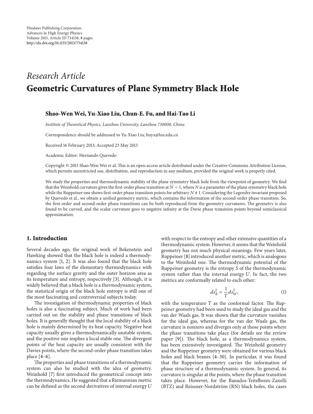 Geometric Curvatures of Plane Symmetry Black Hole