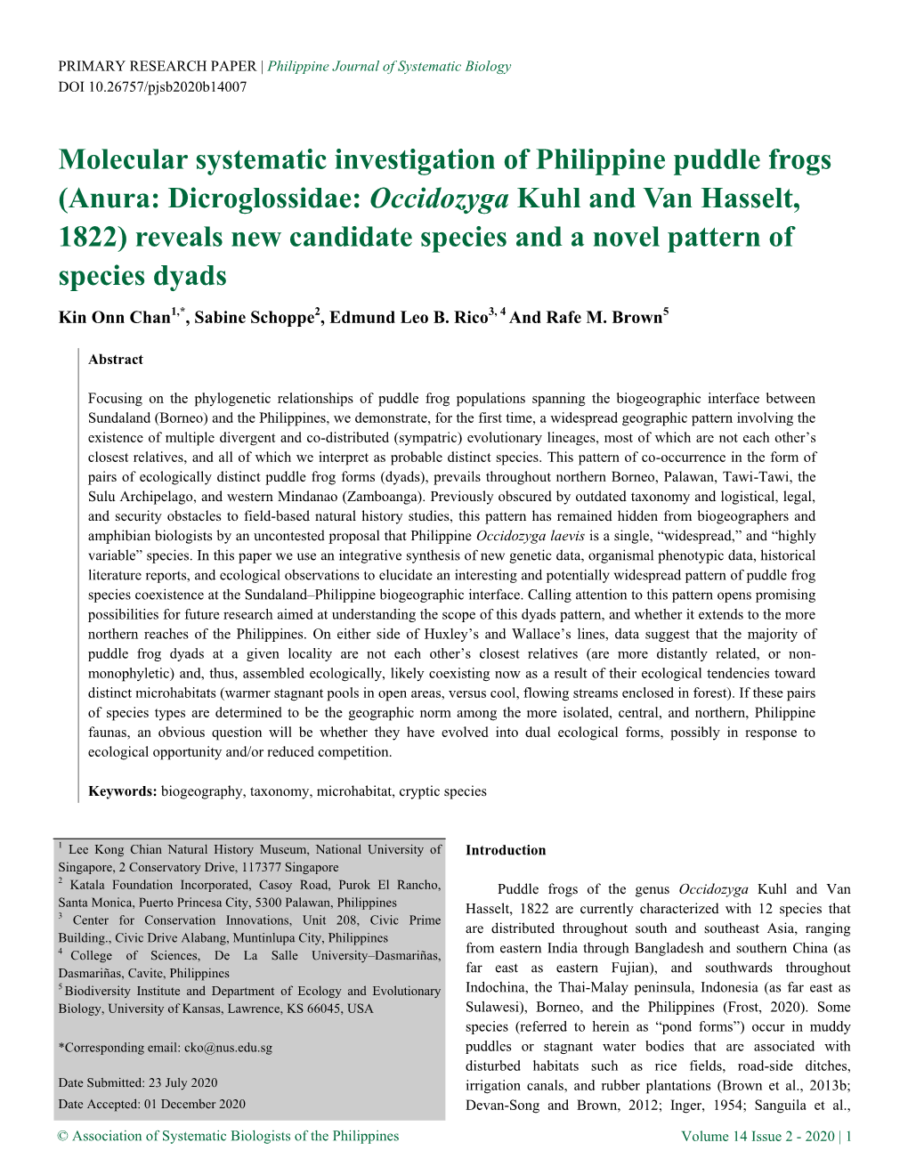 Molecular Systematic Investigation of Philippine Puddle Frogs