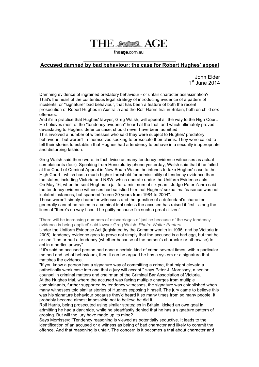 The Case for Robert Hughes' Appeal John Elder 1St June 2014