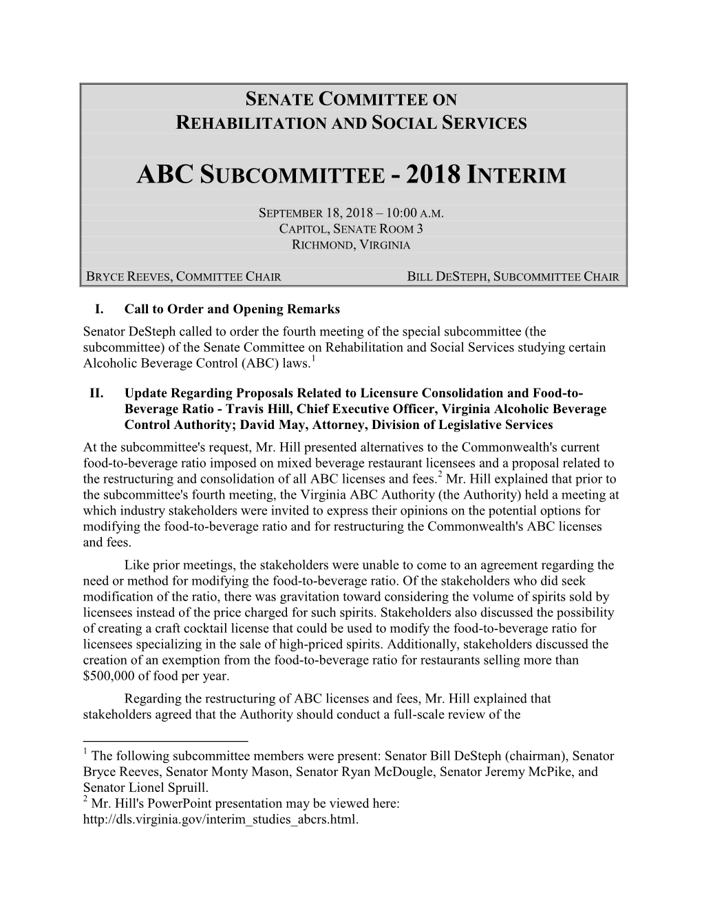 Abc Subcommittee - 2018 Interim