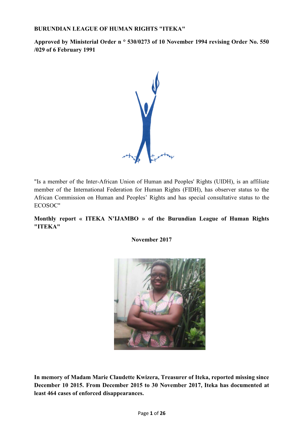 BURUNDIAN LEAGUE of HUMAN RIGHTS "ITEKA" Approved By
