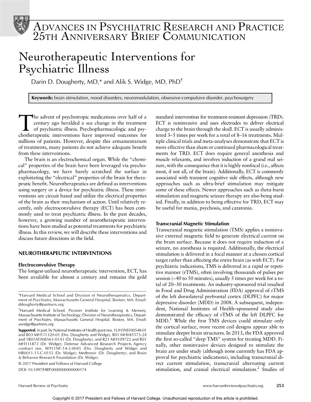 Neurotherapeutic Interventions for Psychiatric Illness