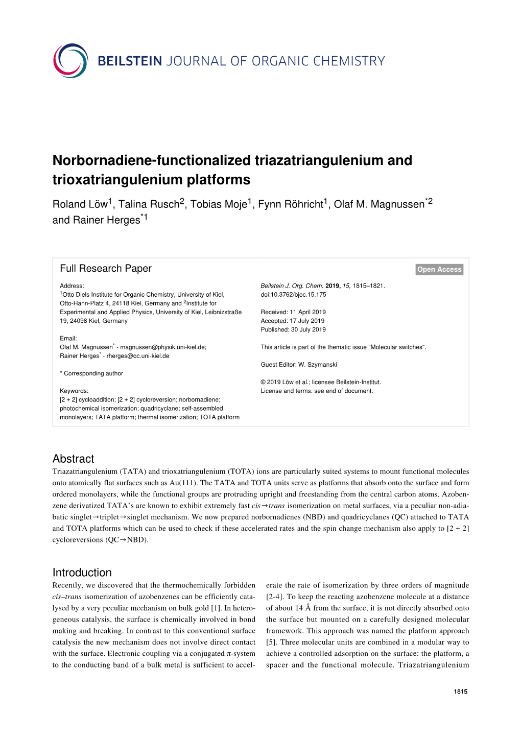 Norbornadiene-Functionalized Triazatriangulenium and Trioxatriangulenium Platforms