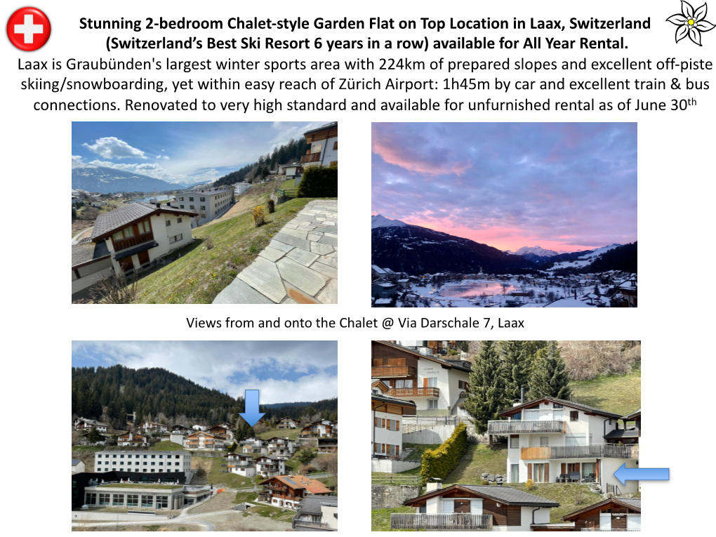 Stunning 2-Bedroom Chalet-Style Garden Flat on Top Location in Laax, Switzerland (Switzerland’S Best Ski Resort 6 Years in a Row) Available for All Year Rental