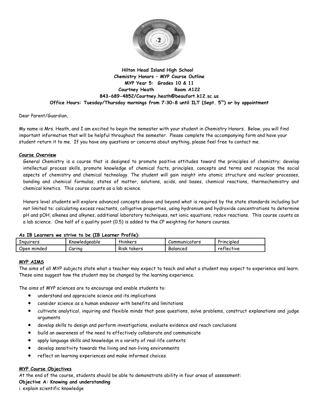 Chemistry Honors MYP Course Outline