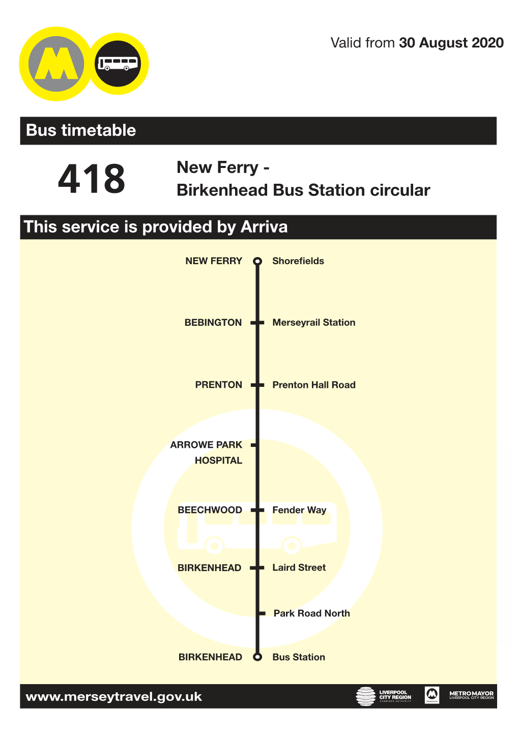 418 New Ferry - Birkenhead Bus Station Circular Arriva Via Bebington, Prenton, Arrowe Park Hospital, Beechwood Some Journeys for Merseytravel