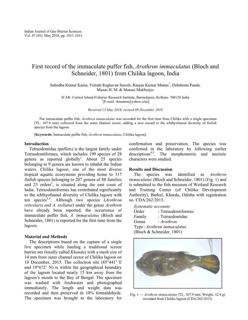 First Record of the Immaculate Puffer Fish, Arothron Immaculatus (Bloch and Schneider, 1801) from Chilika Lagoon, India