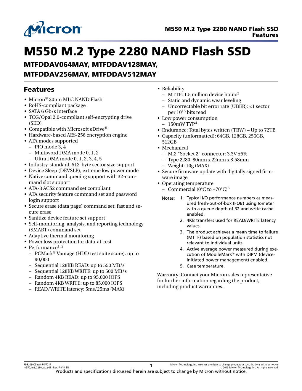 M550 M.2 Type 2280 NAND Flash SSD Features M550 M.2 Type 2280 NAND Flash SSD MTFDDAV064MAY, MTFDDAV128MAY, MTFDDAV256MAY, MTFDDAV512MAY