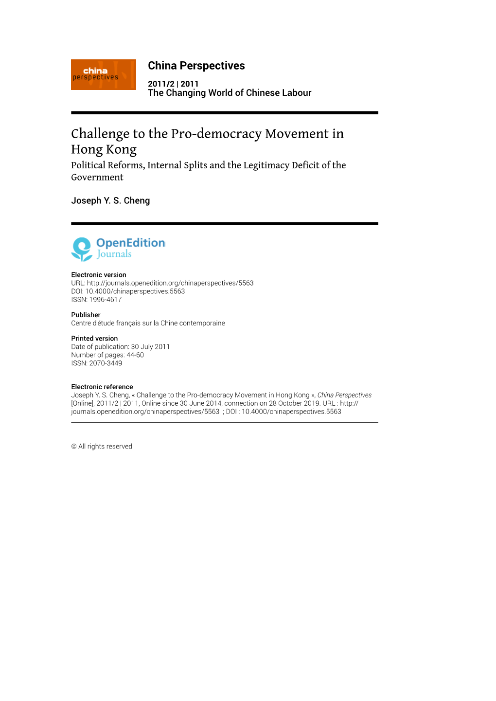 Challenge to the Pro-Democracy Movement in Hong Kong Political Reforms, Internal Splits and the Legitimacy Deficit of the Government