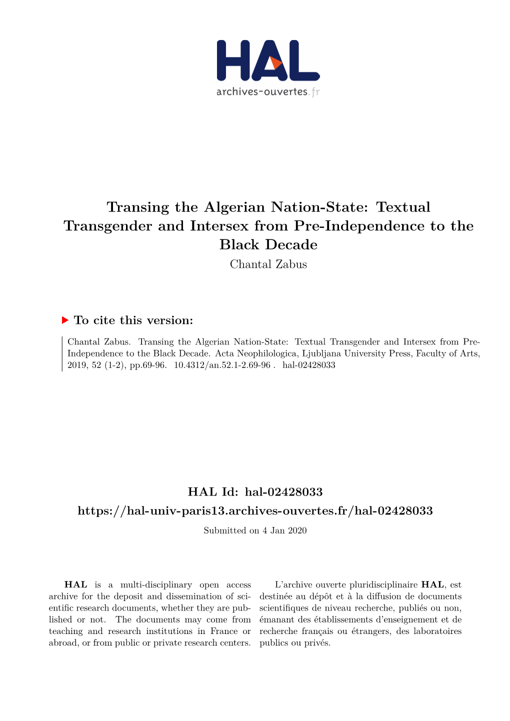 Transing the Algerian Nation-State: Textual Transgender and Intersex from Pre-Independence to the Black Decade Chantal Zabus