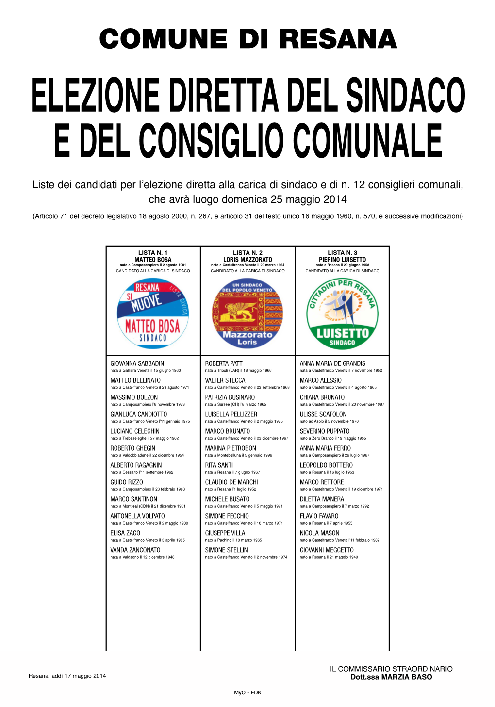 Liste Dei Candidati Per L'elezione Diretta Alla Carica Di Sindaco E Di N. 12 Consiglieri Comunali, Che Avrà Luogo Domenica 25