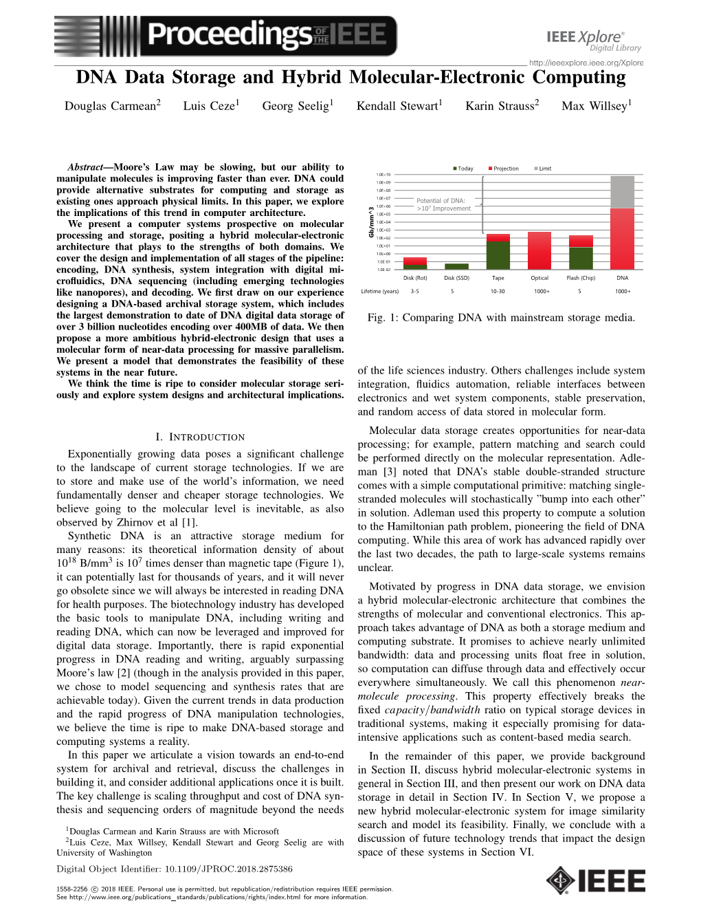 DNA Data Storage and Hybrid Molecular-Electronic Computing